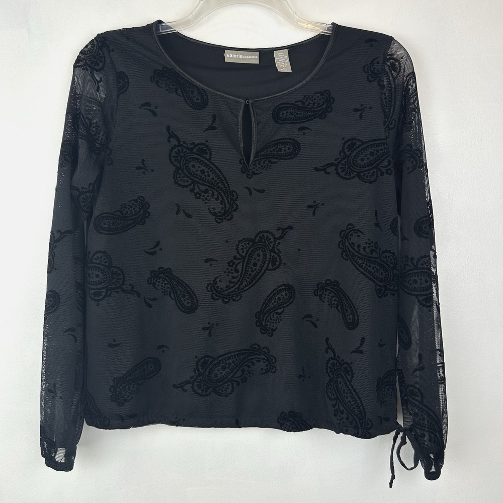 Velvet Burnout Top Womens M Paisley Sheer Sleeve Blouse Black Shirt Whimsigoth